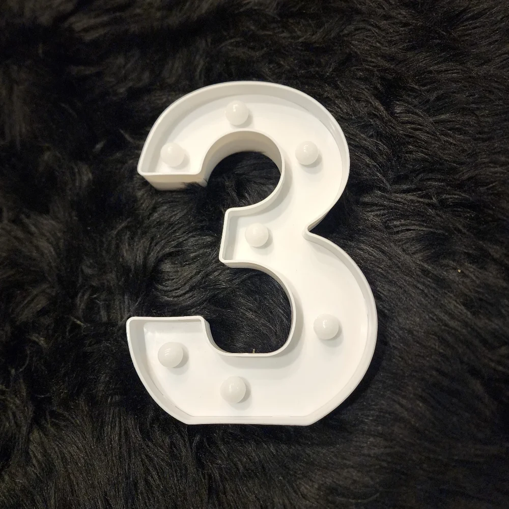 White Number 3 Plastic Light. Sits on a shelf or hangs on wall!